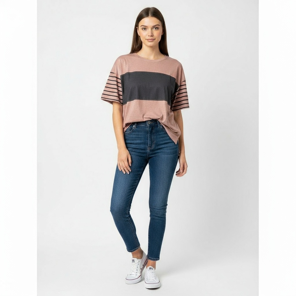 Women Faded Pink/Tan Short Sleeve Striped Casual T-Shirt Size Medium